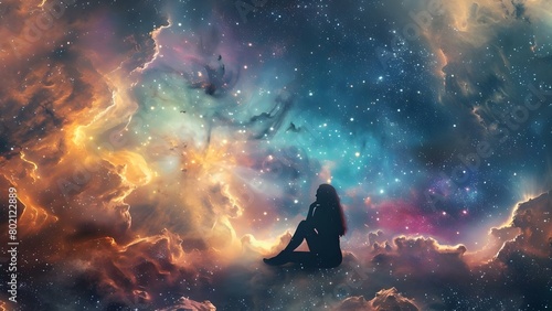 Abstract art of a woman sitting among galaxies in a vast nebula . Concept Abstract Art, Woman, Galaxies, Nebula, Sitting