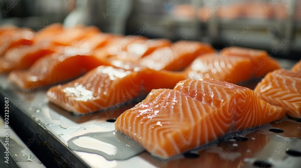 showcasing the final step of preparing salmon products for export, ready to journey while maintaining naturalness showcasing the final step of preparing salmon products for export, ready to journey while maintaining naturalness