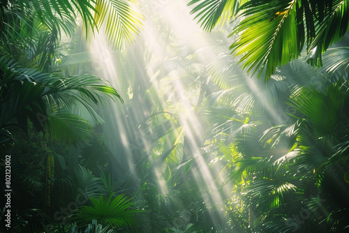 Sunbeams filtering through the canopy of a dense  tropical rainforest.