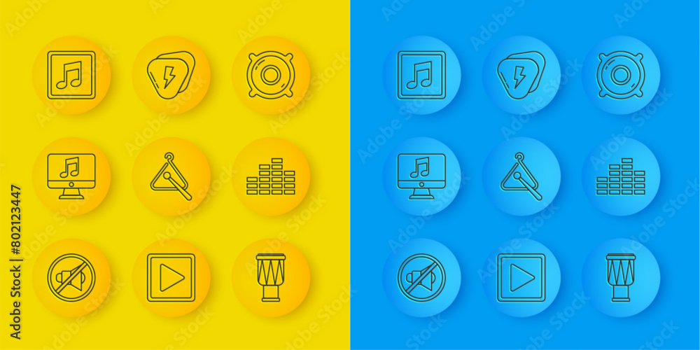 Set line Speaker mute, Computer with music note, Triangle musical instrument, Drum, Music equalizer, tone, Stereo speaker and Guitar pick icon. Vector Set line Speaker mute, Computer with music note, Triangle musical instrument, Drum, Music equalizer, tone, Stereo speaker and Guitar pick icon. Vector