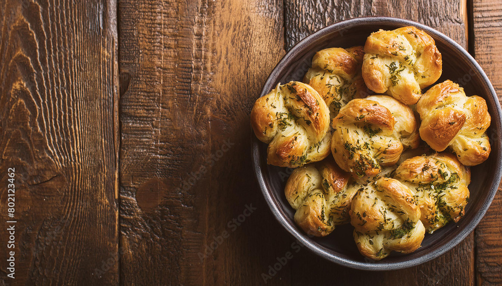 Fresh buns with garlic and herbs on wooden table. Tasty food. Homemade bakery. Baked goods. Fresh buns with garlic and herbs on wooden table. Tasty food. Homemade bakery. Baked goods.