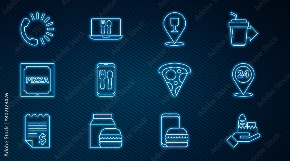 Set line Online ordering and delivery, Round the clock, Alcohol beer bar location, Pizza cardboard box, Food, Slice of pizza and icon. Vector Set line Online ordering and delivery, Round the clock, Alcohol beer bar location, Pizza cardboard box, Food, Slice of pizza and icon. Vector