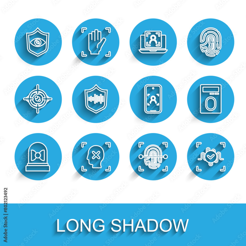 Set line Motion sensor, Rejection face recognition, Shield eye scan, Fingerprint, Voice, voice, with lock and Mobile and icon. Vector Set line Motion sensor, Rejection face recognition, Shield eye scan, Fingerprint, Voice, voice, with lock and Mobile and icon. Vector