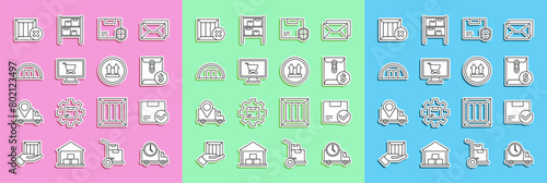 Set line Logistics delivery truck and clock, Envelope dollar symbol, Delivery security shield, Shopping cart on computer, Warehouse, Wooden delete and This side up icon. Vector