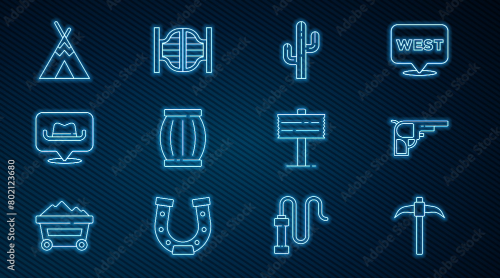 Set line Pickaxe, Revolver gun, Cactus, Gun powder barrel, Location cowboy, Indian teepee or wigwam, Road traffic signpost and Saloon door icon. Vector Set line Pickaxe, Revolver gun, Cactus, Gun powder barrel, Location cowboy, Indian teepee or wigwam, Road traffic signpost and Saloon door icon. Vector
