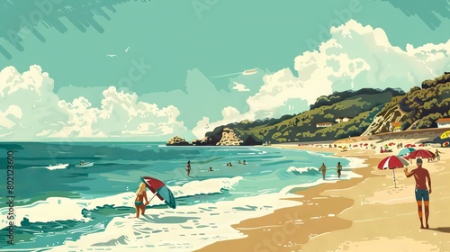 ilustration cartoon tourists splashing in the water and sunbathing under the summer sun on the beach