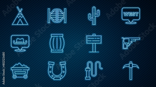 Set line Pickaxe, Revolver gun, Cactus, Gun powder barrel, Location cowboy, Indian teepee or wigwam, Road traffic signpost and Saloon door icon. Vector