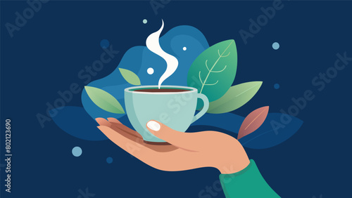 A hand holding a cup of herbal tea steam rising and conveying a sense of deep relaxation and inner peace after a hot stone massage..