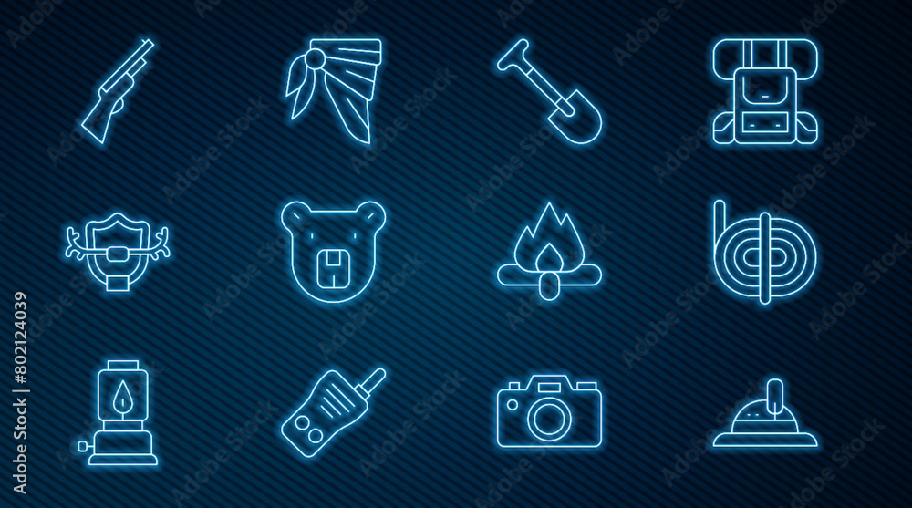 Set line Hunter hat, Climber rope, Shovel, Bear head, Deer antlers on shield, Hunting gun, Campfire and Bandana or biker scarf icon. Vector