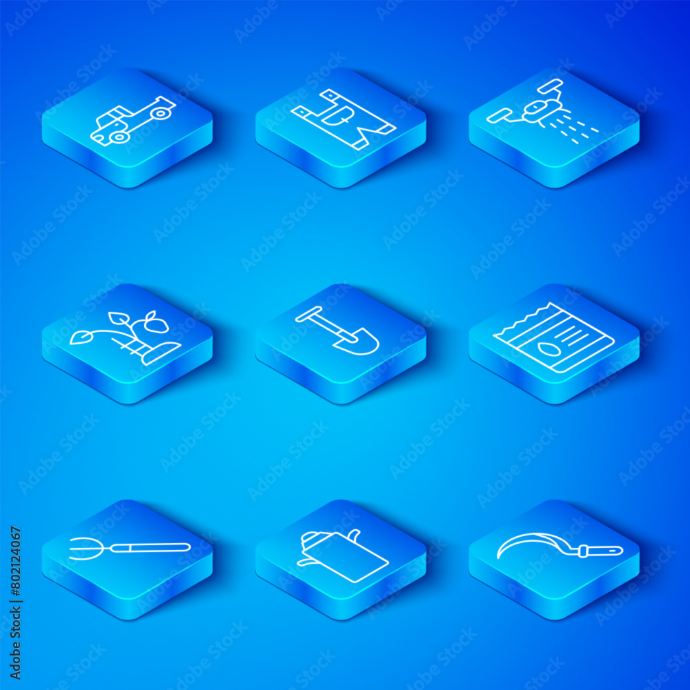 Set line Garden pitchfork, Shovel, Can container milk, Pack full of seeds of plant, Smart farm with drone, Strawberry bush, Pickup truck and Sickle icon. Vector Set line Garden pitchfork, Shovel, Can container milk, Pack full of seeds of plant, Smart farm with drone, Strawberry bush, Pickup truck and Sickle icon. Vector