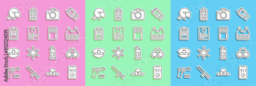 Set line Telephone call 911, Handcuffs, Bulletproof vest, Photo camera, The arrest warrant, Police report, helmet and assault shield icon. Vector