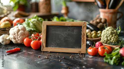 Fresh vegetables around an empty blackboard on a rustic kitchen table.