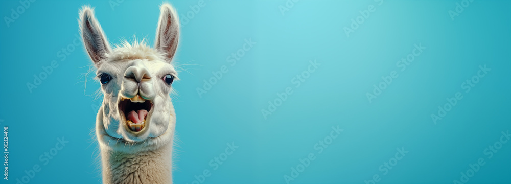 Obraz premium Funny llama on a blue background with copy space.