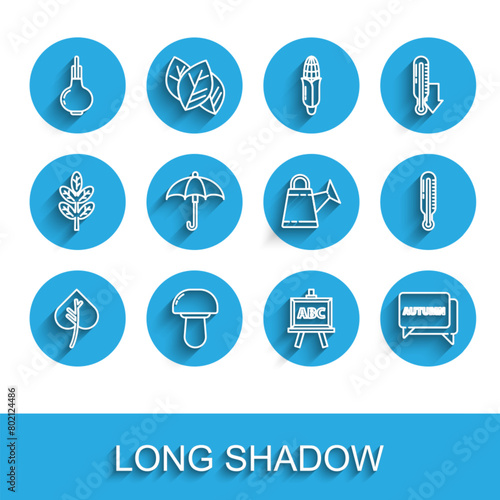 Set line Leaf or leaves, Mushroom, Onion, Chalkboard, Speech bubble with text autumn, Umbrella, Meteorology thermometer and Watering can icon. Vector