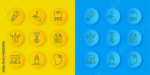 Set line Online education, Project team base, Medal, Man with third eye, Financial growth and dollar, Weight loss and Hand holding coin money icon. Vector