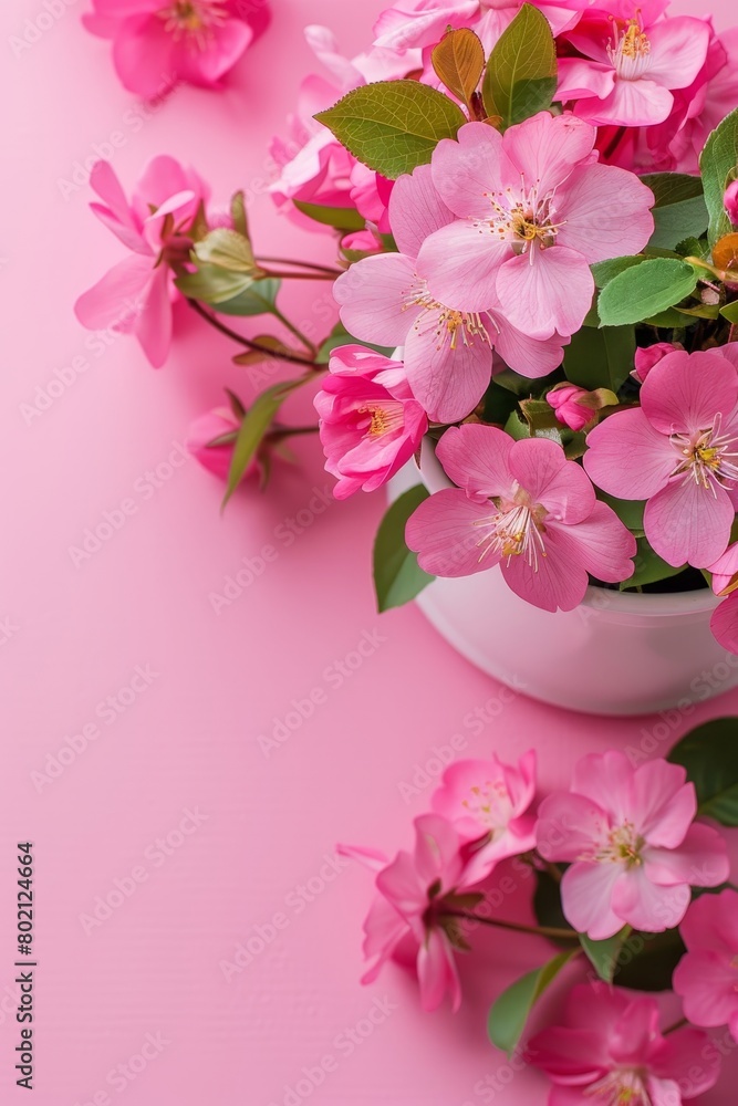 Stylish pink cherry blossoms in white vase on soft background with space for text placement