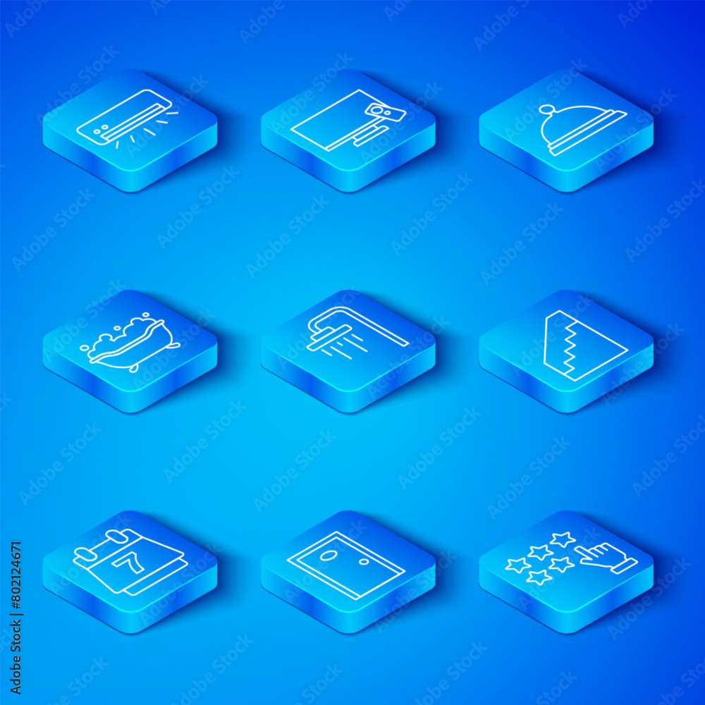 Set line Hotel booking calendar, Shower, door, Stairs, Covered with tray of food, Bathtub, Air conditioner and Stars rating icon. Vector Set line Hotel booking calendar, Shower, door, Stairs, Covered with tray of food, Bathtub, Air conditioner and Stars rating icon. Vector