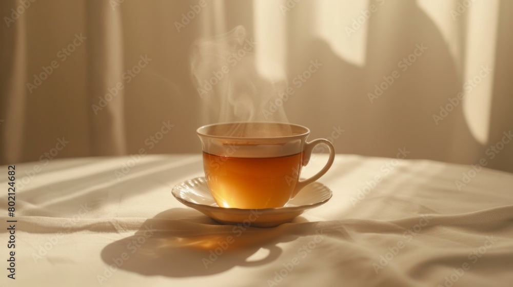 A steaming cup of herbal tea, exuding warmth and comfort on a white studio backdrop A steaming cup of herbal tea, exuding warmth and comfort on a white studio backdrop