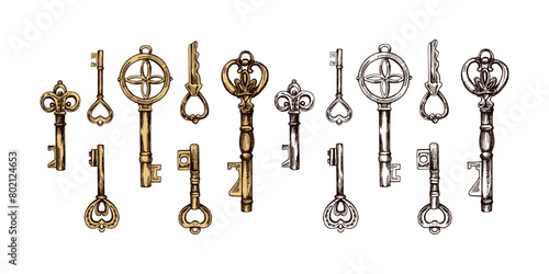 Hand-drawn colored and outline sketch set of vintage decorative keys with intricate forging. Ink and pen drawing illustration, keys on white background.
