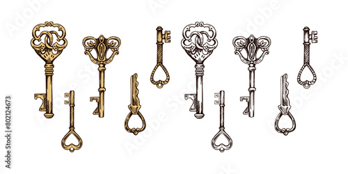 Hand-drawn colored and outline sketch set of vintage decorative keys with intricate forging. Ink and pen drawing illustration, keys on white background.