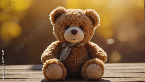 Sweet Brown Teddy Bear Stuffed Animal on Sunny Yellow Background. © xKas