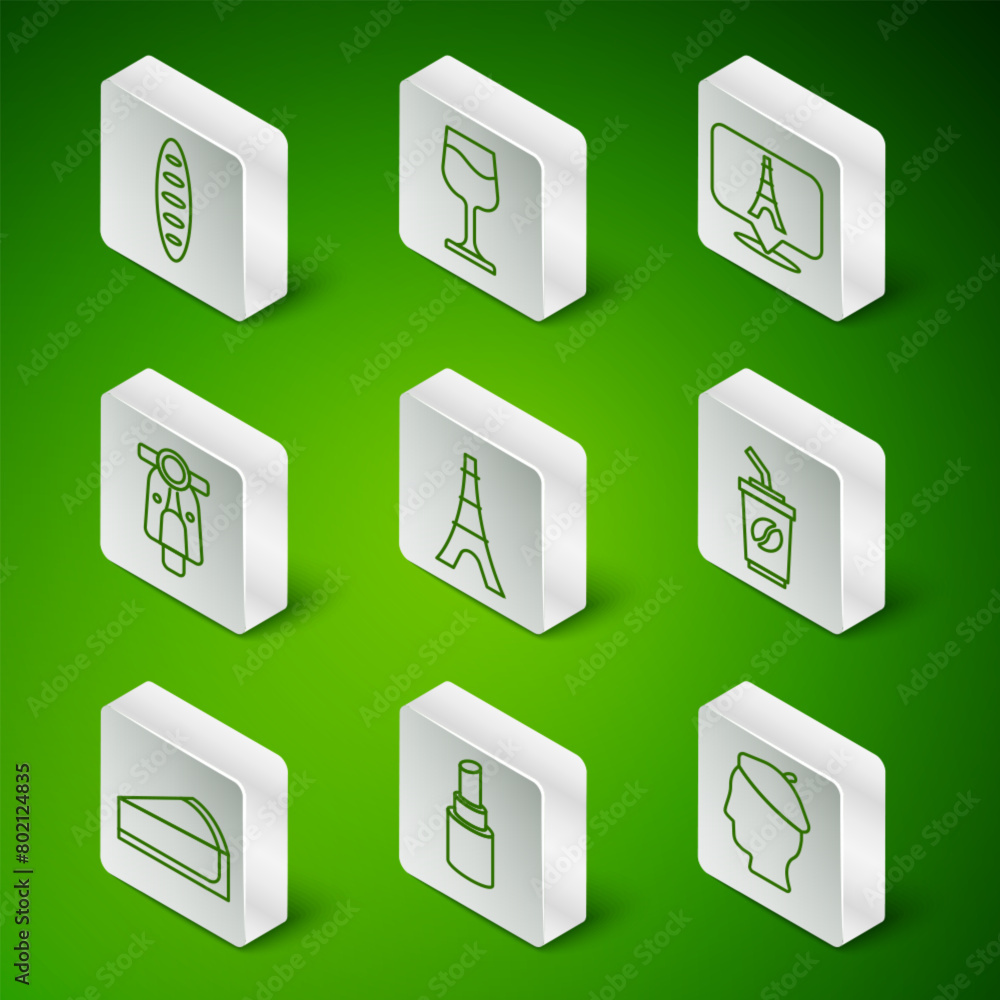 Set line French man, Lipstick, baguette bread, Eiffel tower, Scooter, Wine glass, Cherry cheesecake slice and Coffee cup go icon. Vector Set line French man, Lipstick, baguette bread, Eiffel tower, Scooter, Wine glass, Cherry cheesecake slice and Coffee cup go icon. Vector