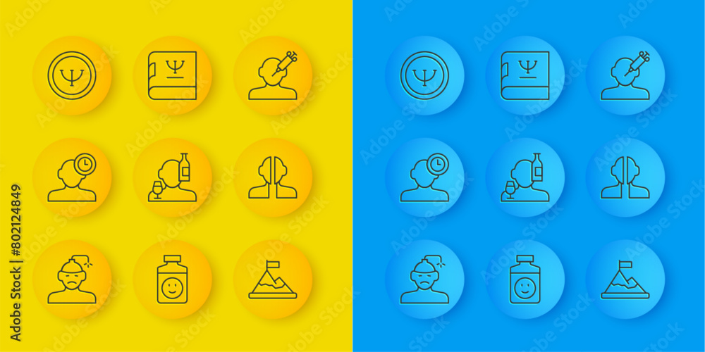 Set line Concussion, headache, Insomnia, Alcoholism, Mountains with flag top, Bipolar disorder, Psychology, Addiction the drug and book icon. Vector Set line Concussion, headache, Insomnia, Alcoholism, Mountains with flag top, Bipolar disorder, Psychology, Addiction the drug and book icon. Vector