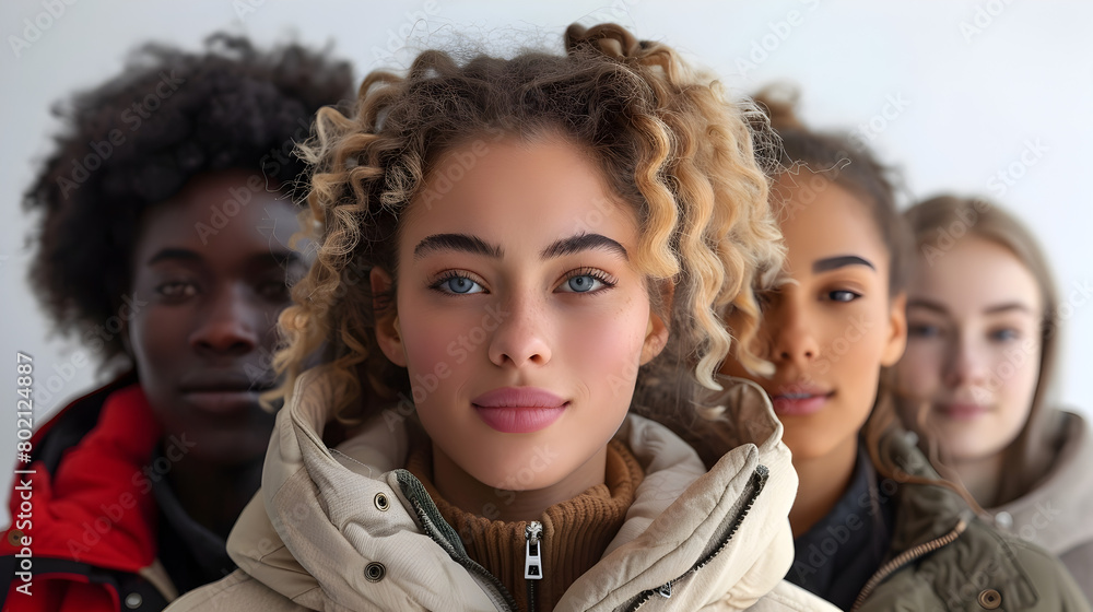 Intense Group of Multicultural Teenage Girls in Winter Jackets, To showcase a diverse group of girls in a close-up shot, perfect for fashion, beauty,
