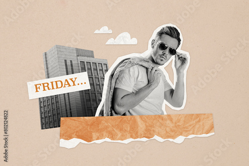 Creative photo collage young man model fashion outfit stylish sunglasses weekend friday urban city worker office clouds environment