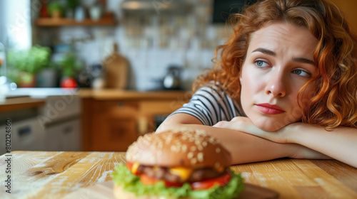 Young woman looking at a hamburger with a thoughtful expression.