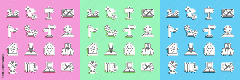 Set line Gps device with map, Folded location marker, Road traffic sign, Route, Flag, and icon. Vector Set line Gps device with map, Folded location marker, Road traffic sign, Route, Flag, and icon. Vector