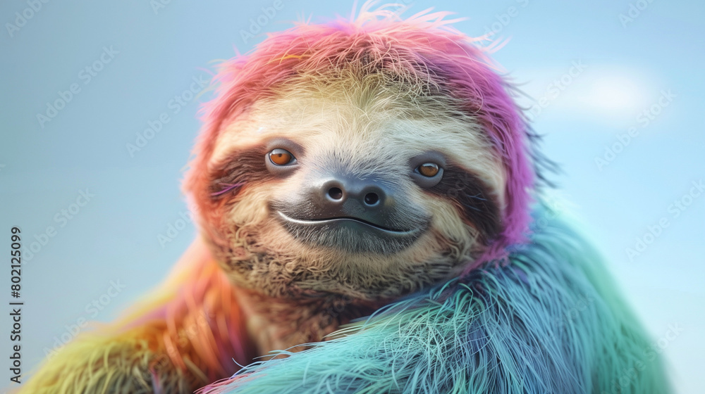 Naklejka premium A colorful sloth, cute and funny, blue sky, close-up