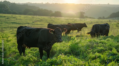 picturesque scenes of beef cattle grazing on lush pastures, highlighting the naturalness of the farming landscape photo