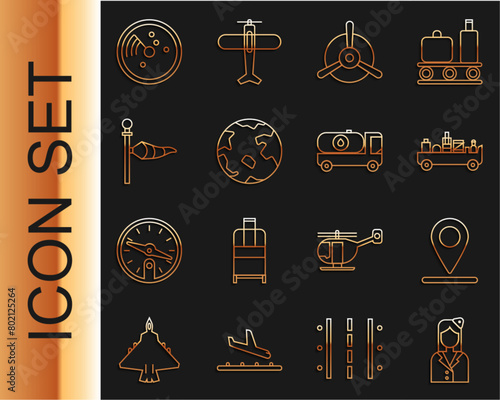 Set line Stewardess, Location, Airport luggage towing truck, Plane propeller, Worldwide, Cone meteorology windsock wind vane, Radar with targets monitor and Fuel tanker icon. Vector