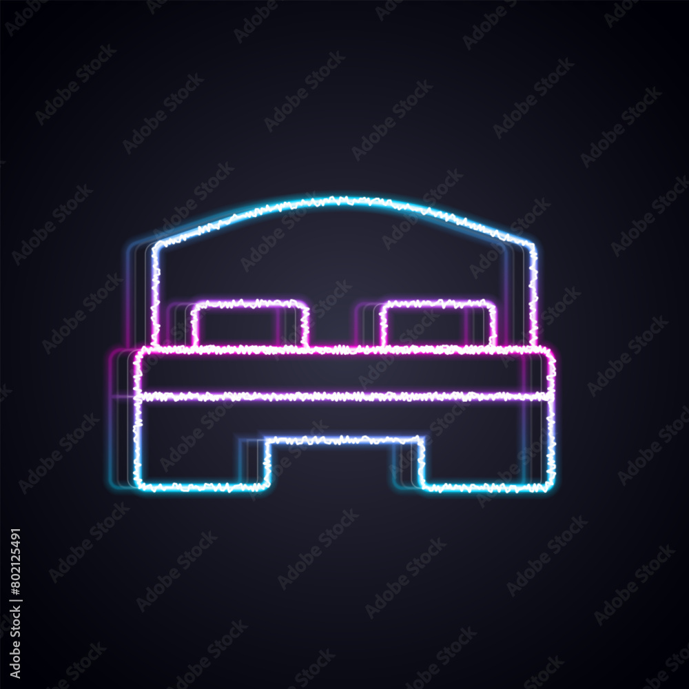 Glowing neon line Hotel room bed icon isolated on black background. Vector Glowing neon line Hotel room bed icon isolated on black background. Vector