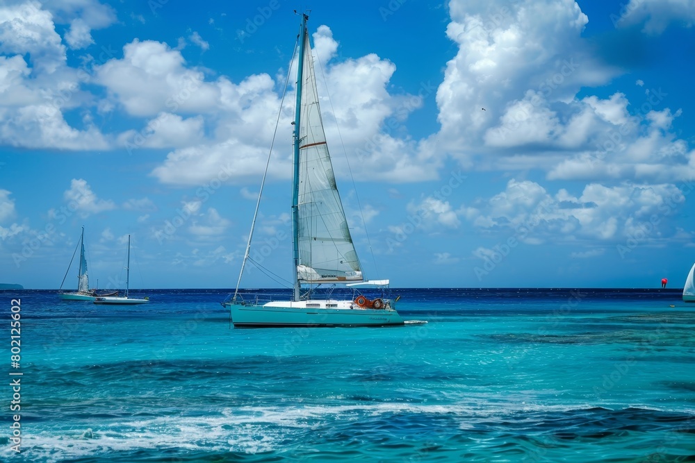 Sailboats elegantly navigating the vast open waters of the ocean under clear skies