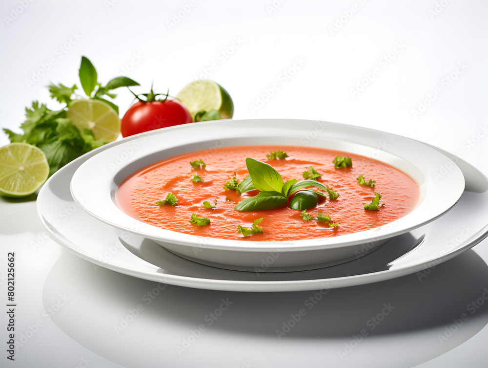 Delicious cold tomato gazpacho soup in a white bowl with garnishes on white table Delicious cold tomato gazpacho soup in a white bowl with garnishes on white table