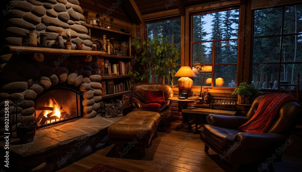 A rustic cabin living room filled with furniture and a fireplace as the centerpiece