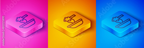 Isometric line Honey dipper stick with bowl icon isolated on pink and orange, blue background. Honey ladle. Square button. Vector