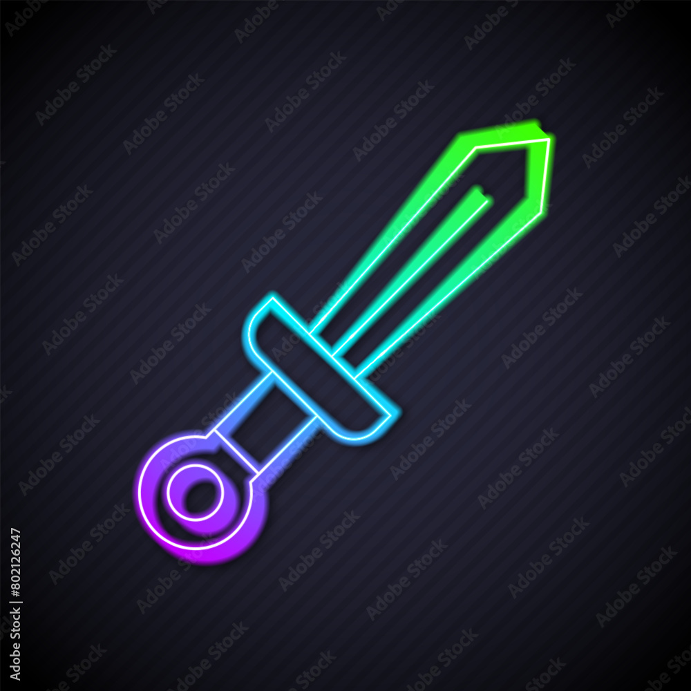 Glowing neon line Medieval sword icon isolated on black background. Medieval weapon. Vector Glowing neon line Medieval sword icon isolated on black background. Medieval weapon. Vector