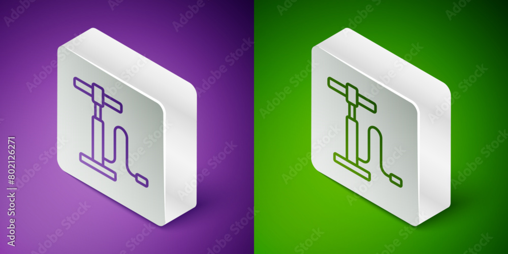 Isometric line Car air pump icon isolated on purple and green background. Silver square button. Vector Isometric line Car air pump icon isolated on purple and green background. Silver square button. Vector