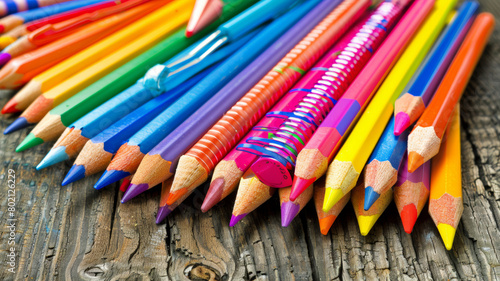 A bunch of colorful pencils are lined up on a wooden surface