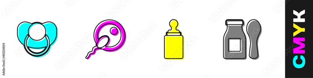 Set Baby dummy pacifier, Sperm, bottle and Yogurt in with spoon icon. Vector Set Baby dummy pacifier, Sperm, bottle and Yogurt in with spoon icon. Vector
