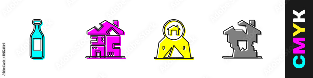 Set Bottle of water, Homeless cardboard house, Tourist tent and Ruined icon. Vector Set Bottle of water, Homeless cardboard house, Tourist tent and Ruined icon. Vector
