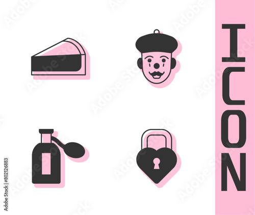 Set Castle in the shape of heart, Cherry cheesecake slice, Perfume and French mime icon. Vector