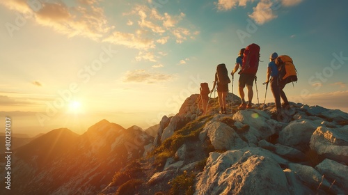 A group of hikers reaching the summit of a mountain, faces beaming with accomplishment. © Scott