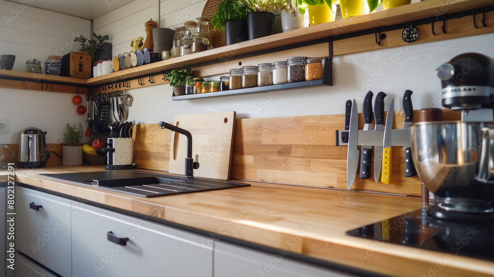 A kitchen with a wooden counter top and a sink. There are knives and a mixer on the counter