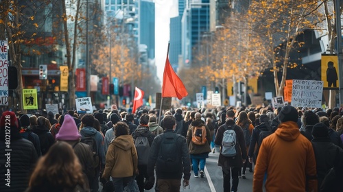 A group of protestors marching in solidarity, banners held high as they demand change.