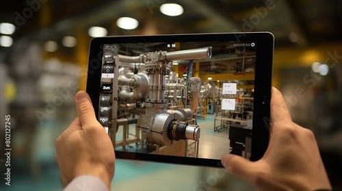 Smart industry control conceptHands holding tablet on blurred automation machine