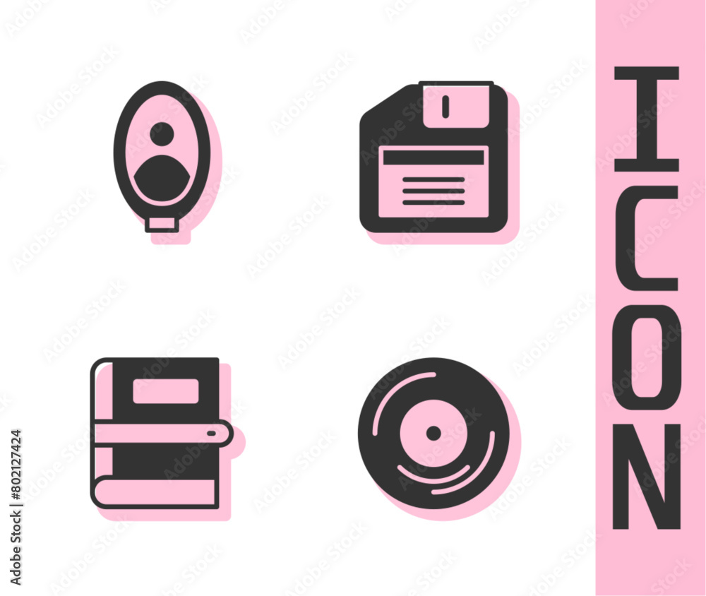 Set Vinyl disk, Portrait picture museum, Book and Floppy icon. Vector Set Vinyl disk, Portrait picture museum, Book and Floppy icon. Vector